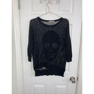 Autumn 100% Cotton Open Knit Woman's Black Gray Skull Crewneck Sweater - size XS